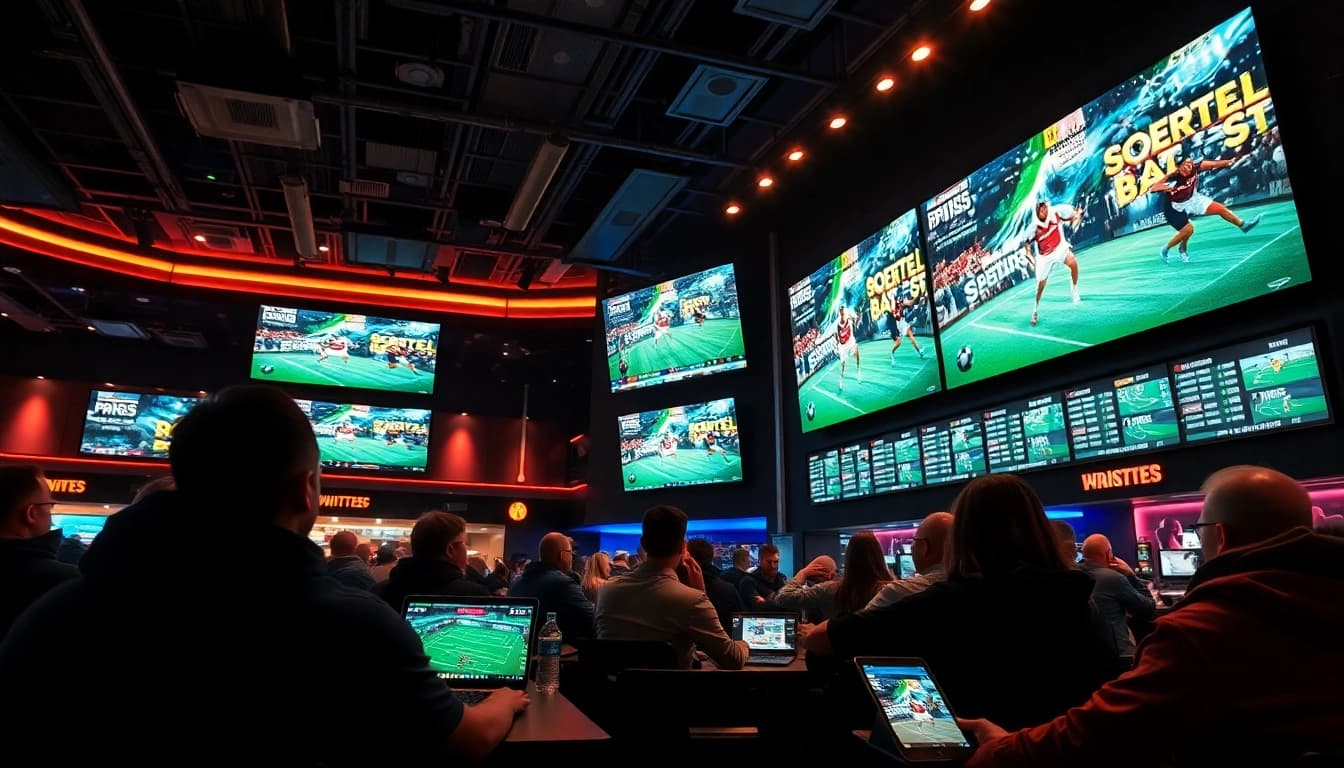 Erleben Sie die Aufregung von sportwetten ohne lugas in einem modernen Wettbüro mit digitalen Displays und wettenden Menschen.