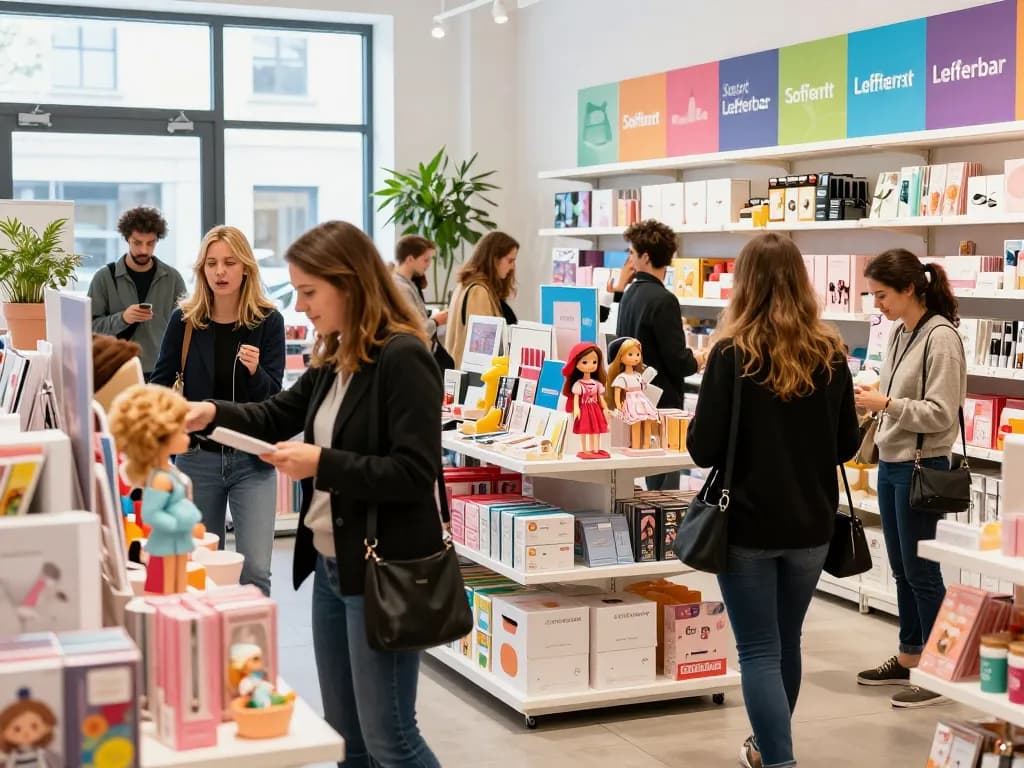 Lebhafte Einzelhandelslandschaft, die Sofort Lieferbar Produkte zeigt, mit Käufern, die stilvolle Waren in einem einladenden Raum erkunden.