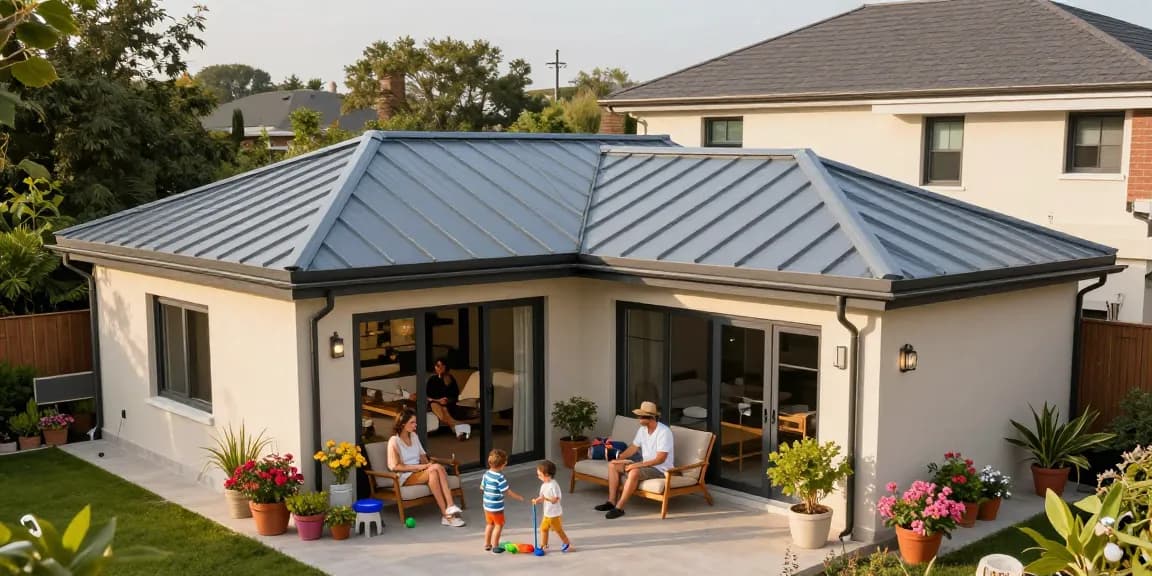 Familie genießt Terrassenüberdachungen im Garten mit sonnigem Ambiente.