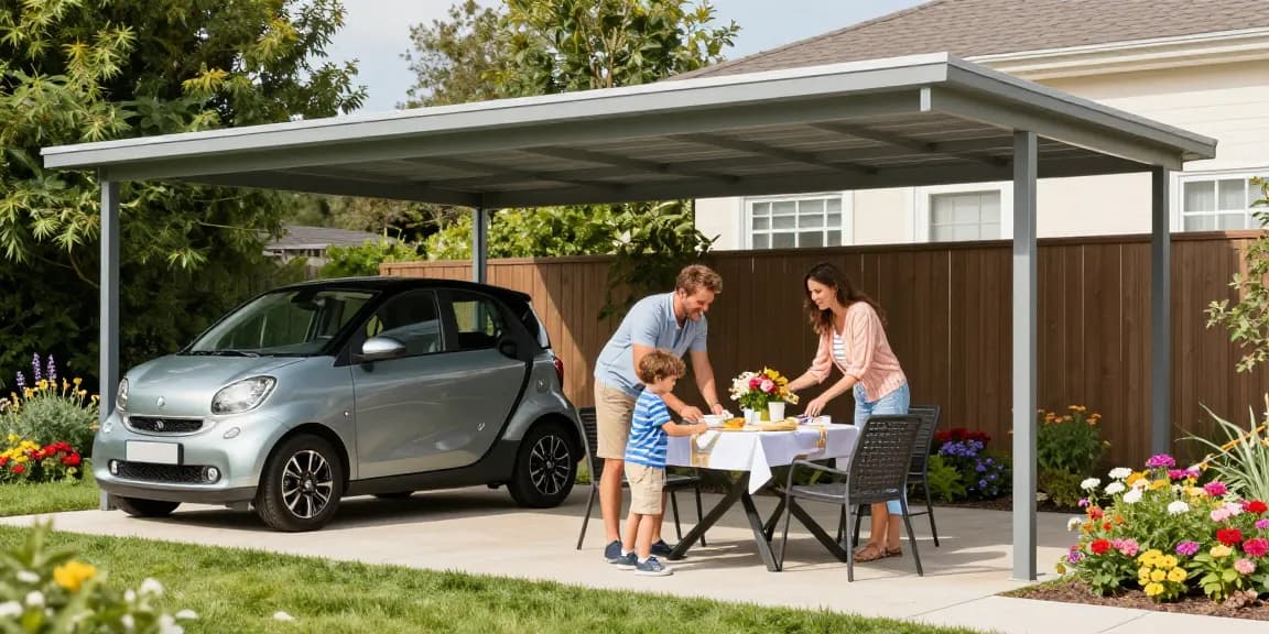 Moderne Carport-Szene einer Familie mit Tischdekoration im Garten.