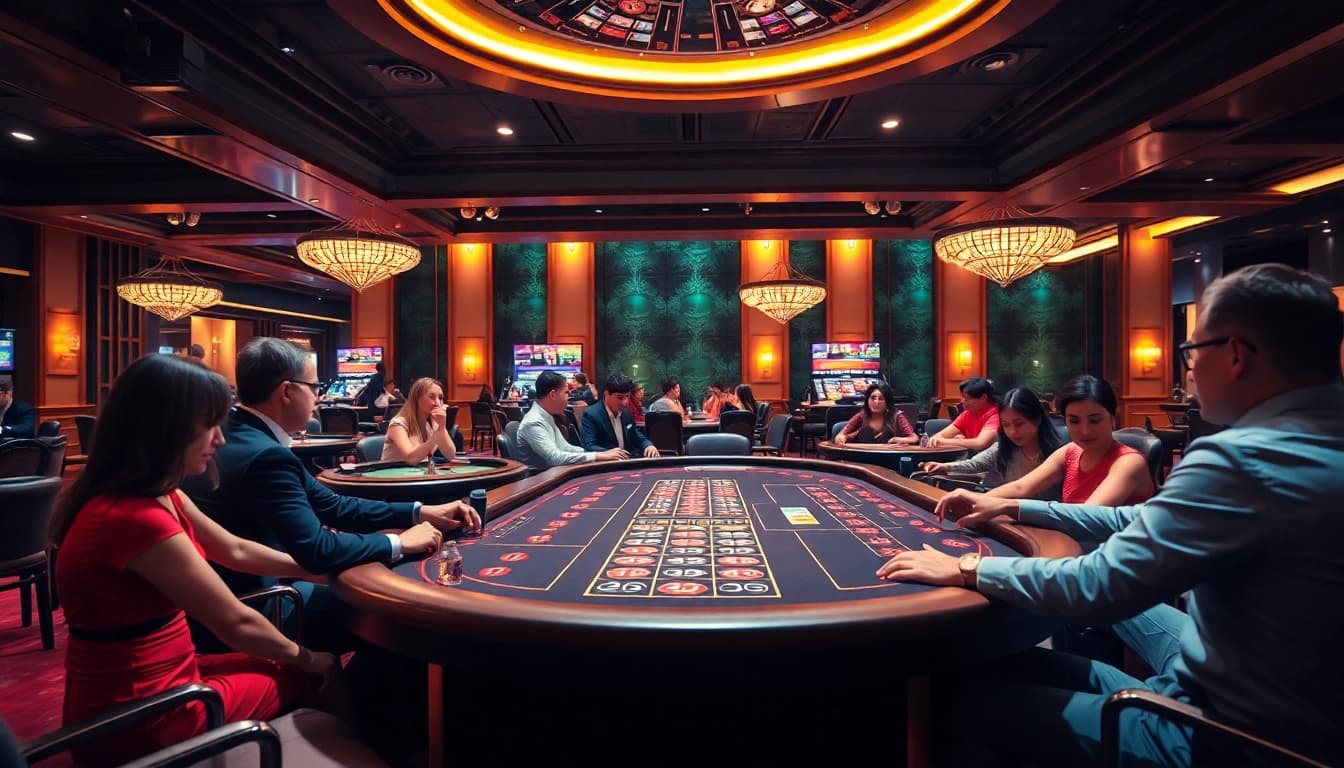 Erleben Sie die Aufregung bei auslaendische online Casinos am eleganten Spieltisch, umgeben von glücklichen Spielern.