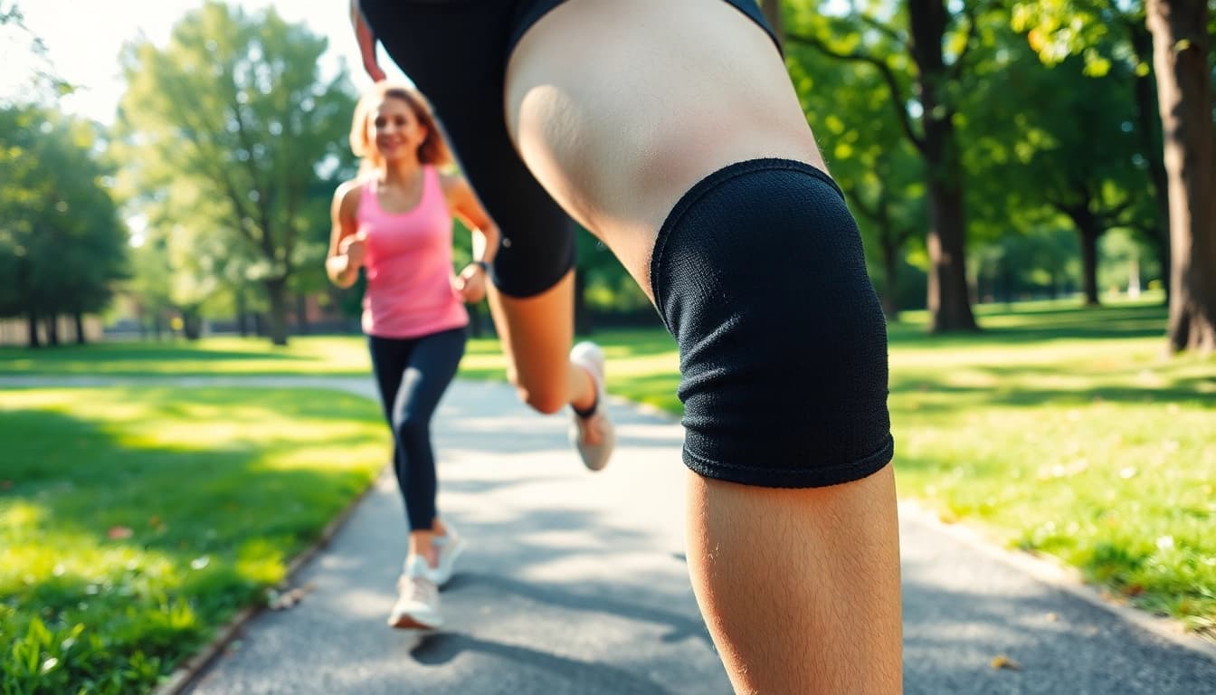 Bewege dich schmerzfrei: Premium kniebandage unterstützt aktive Sportler beim Joggen.