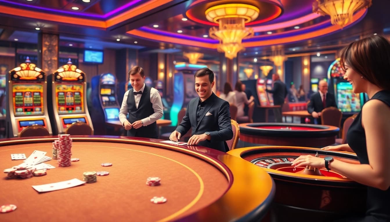 Erleben Sie Aufregung im Online Casino mit luxuriösen Spielautomaten und glücklichen Spielern.