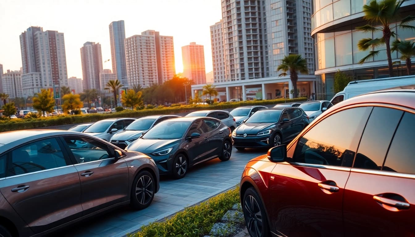 Elektroautos in einer modernen Stadtlandschaft bei Sonnenuntergang, umgeben von Natur.