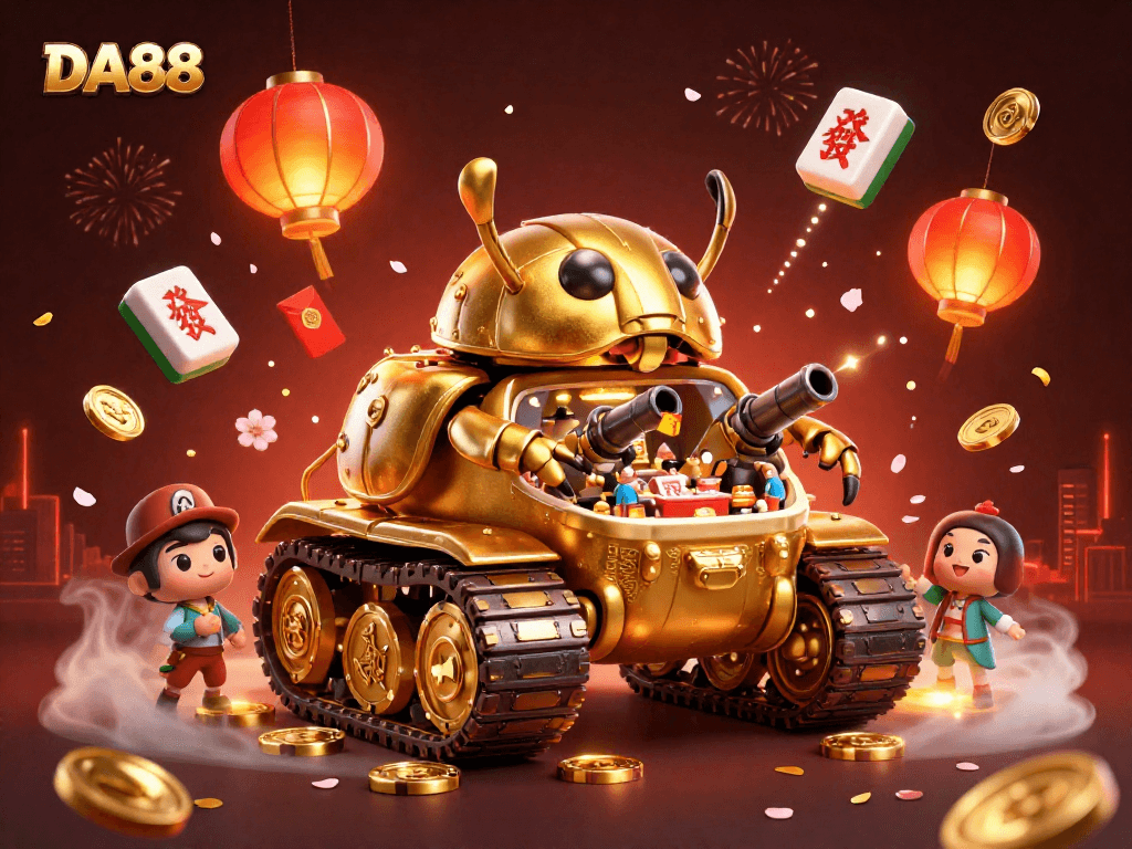 Experience the excitement of DA88 in this vibrant 3D casino scene with golden beetle tank.