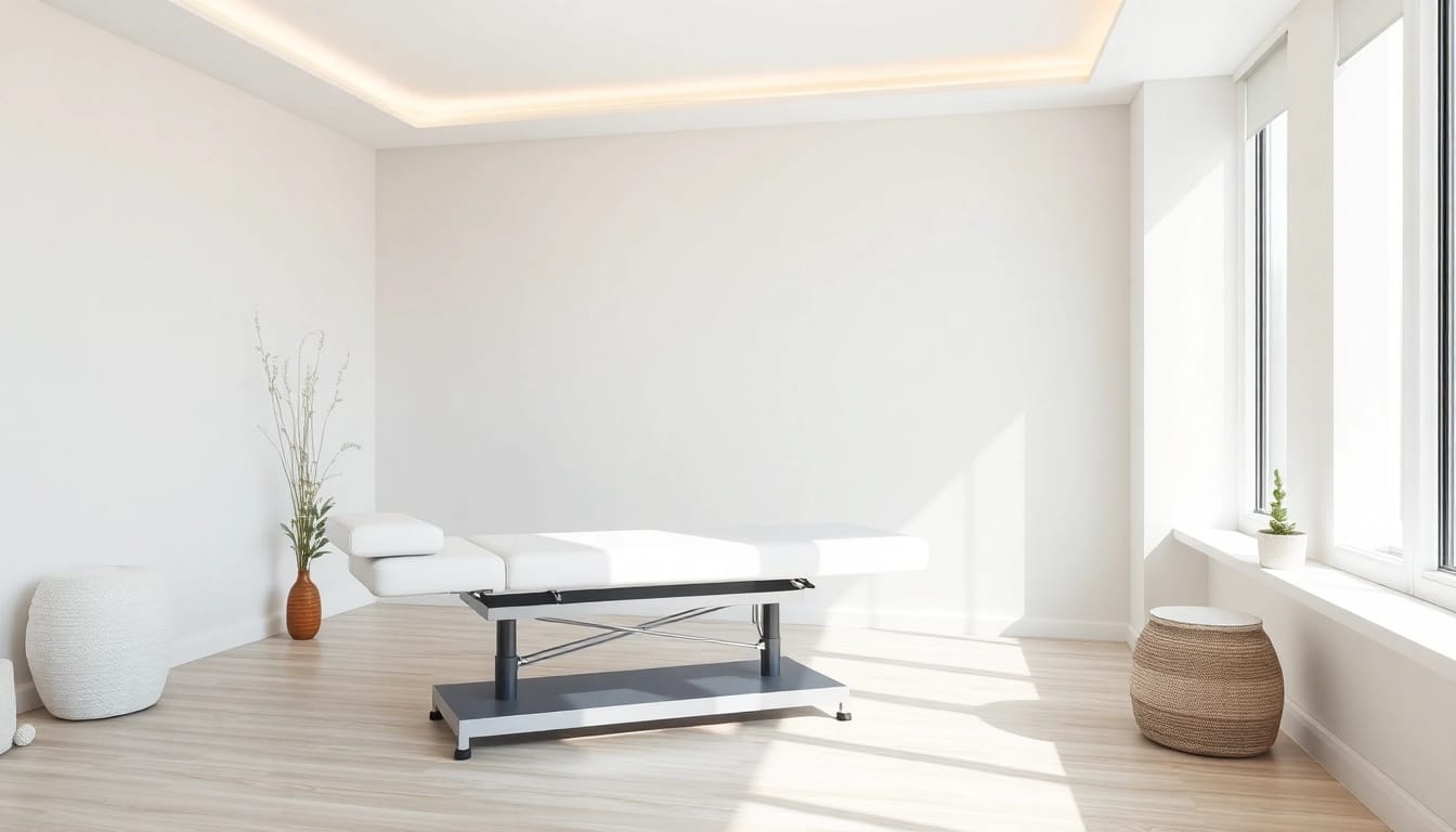 Behandlungsliege für physiotherapie behandlungsliege, höhenverstellbar für optimale Behandlungen in einem modernen Behandlungsraum.