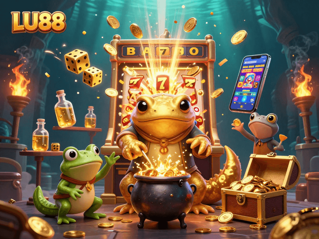LU88 casino scene showcasing an alchemist character transmuting gold amidst slot machines and coins