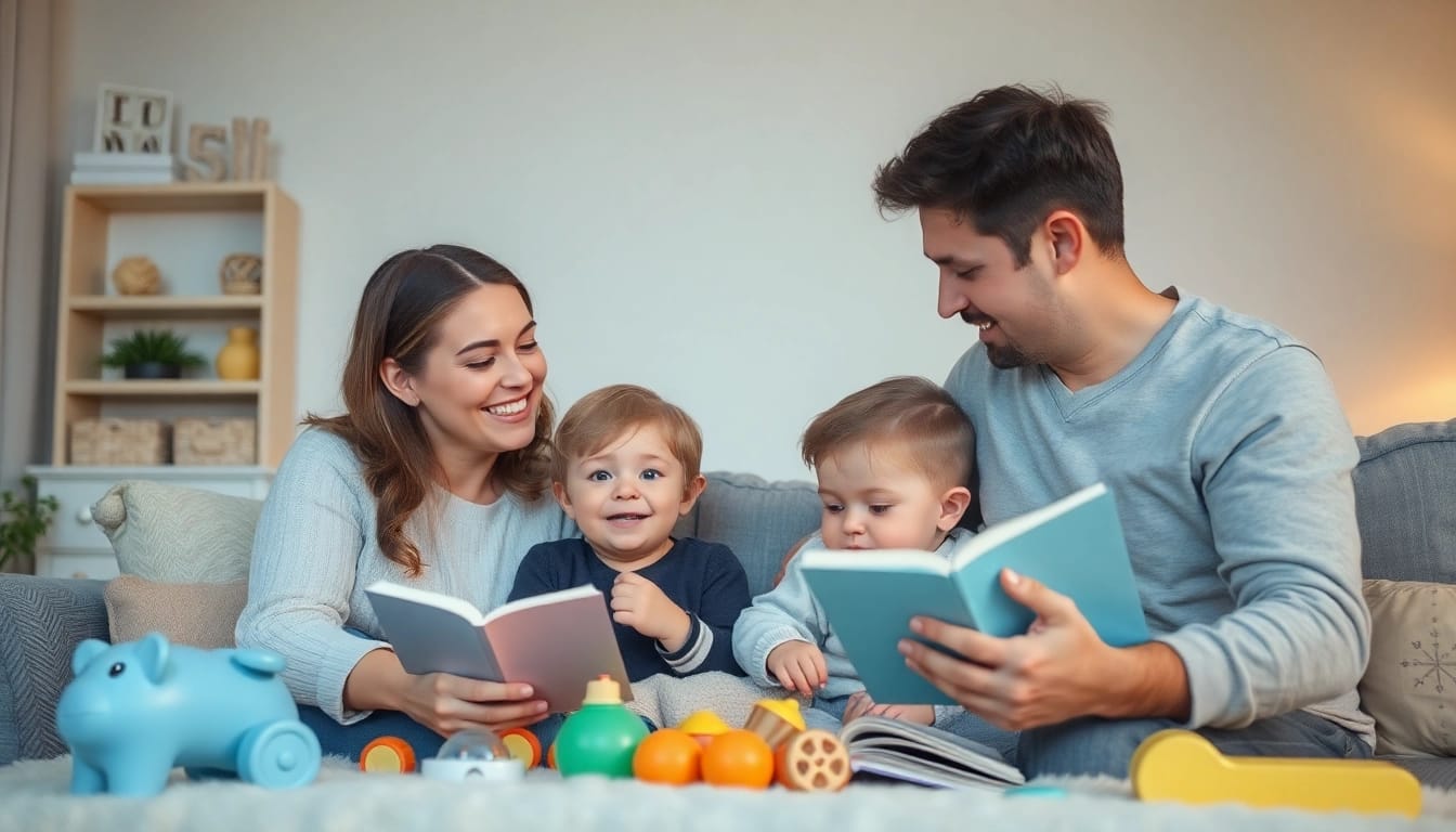 Kindererziehung: Liebevolle Interaktion zwischen Eltern und Kind in einem warmen, einladenden Raum.