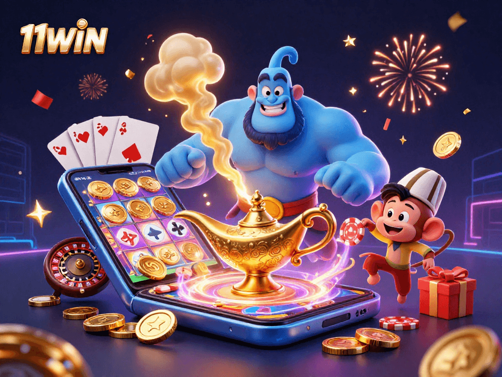 11WIN introduces exciting gaming experiences with a 3D magical casino scene filled with vibrant slot games and dynamic characters.