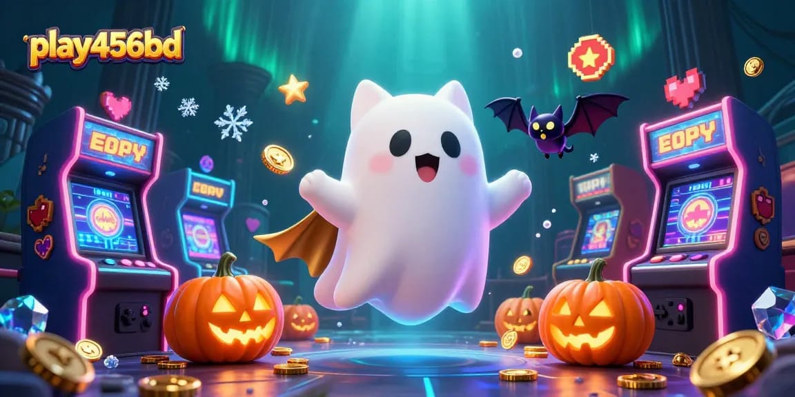 Experience thrilling gaming at play456bd with a ghost cat and vampire bat in a haunted casino.