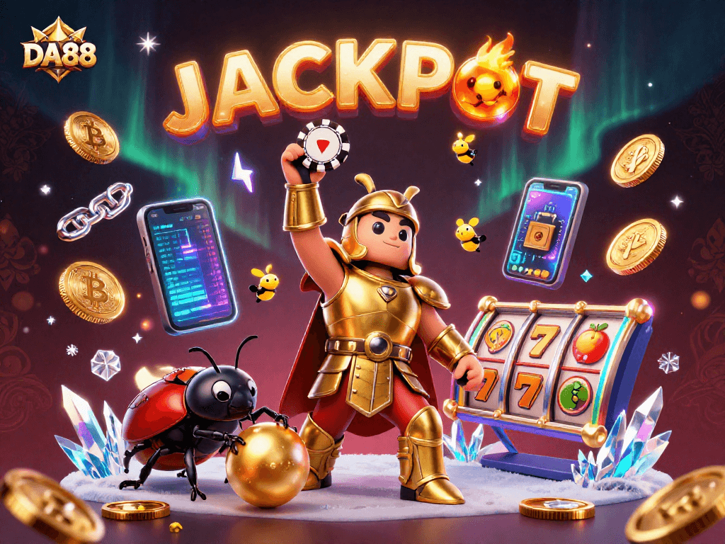 DA88 casino scene featuring a victorious beetle character lifting a poker chip amidst vibrant slot game elements.