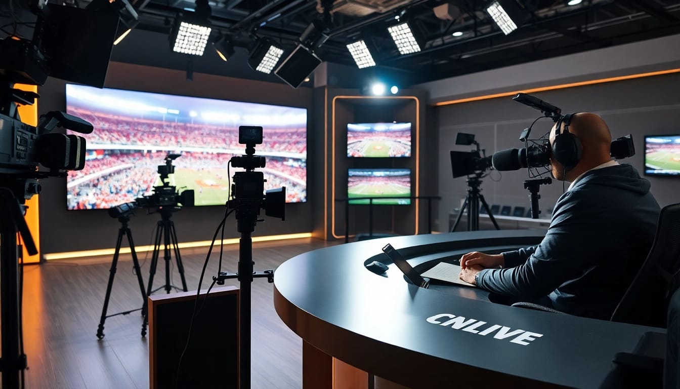 Engaging sports broadcasting scene with an anchor presenting live coverage