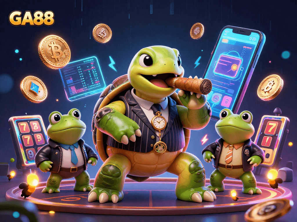 Win big at GA88 with a vibrant casino scene featuring crypto elements and engaging characters.