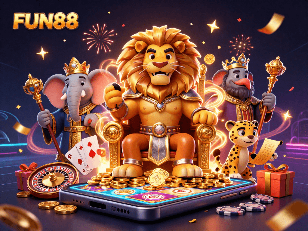 Win big with FUN88, showcasing a vibrant casino scene featuring animated characters and gaming elements.