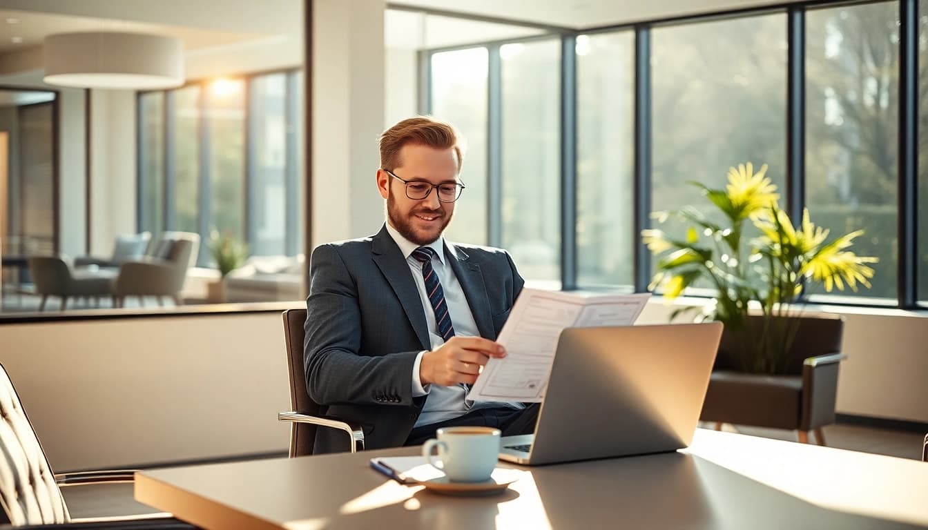 Headhunter Mühlheim analysiert Bewerbungsunterlagen in modernem Büro.