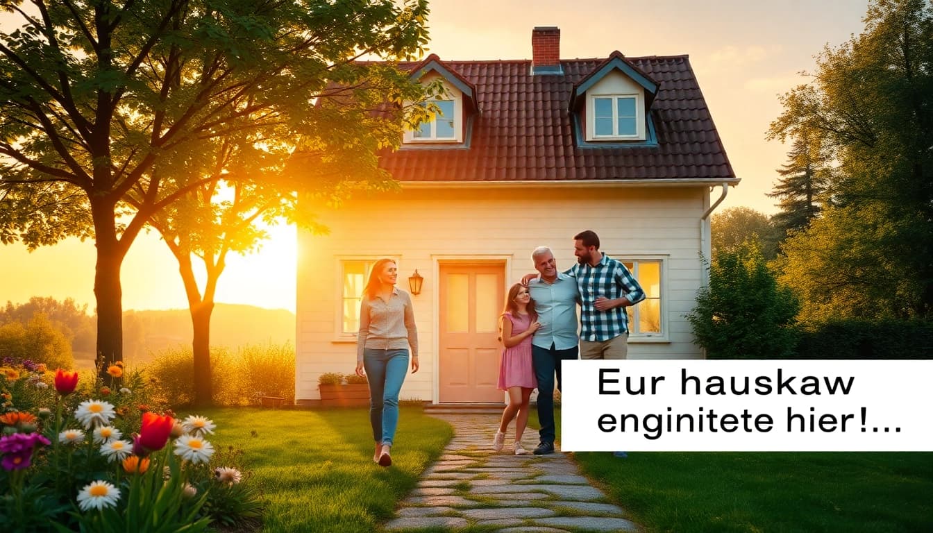Familie steht glücklich vor ihrem neuen Zuhause, das den perfekten Hauskauf repräsentiert.