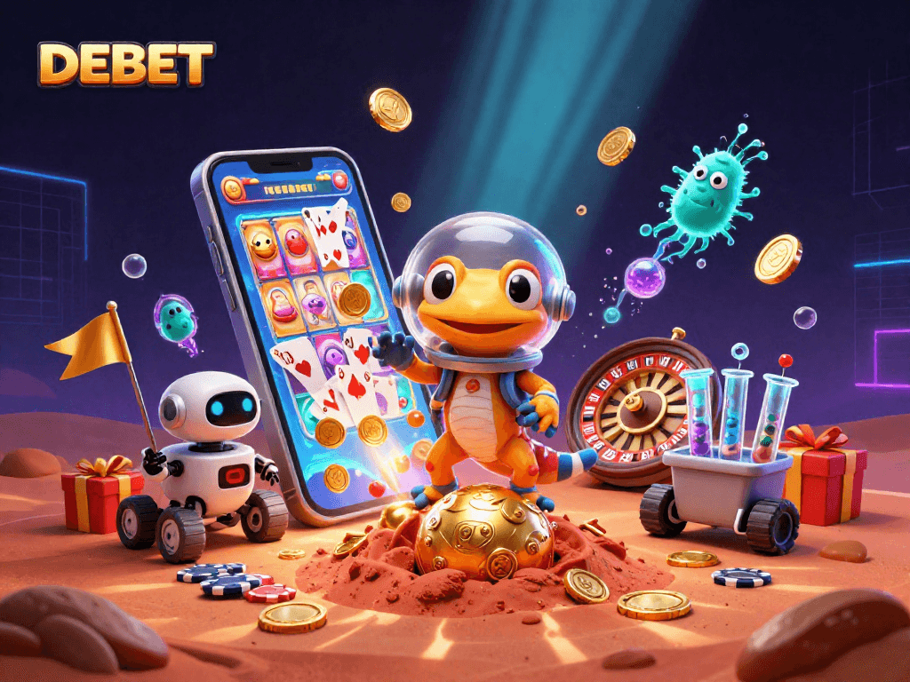 Win big with DEBET in a vibrant 3D casino scene filled with exciting slots and rewards.