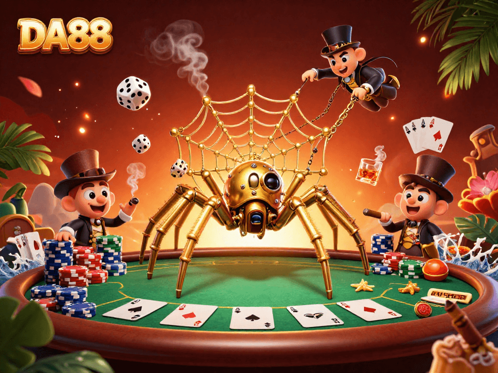 Engage with DA88's steampunk-themed casino scene filled with poker chips and an intricate golden web.