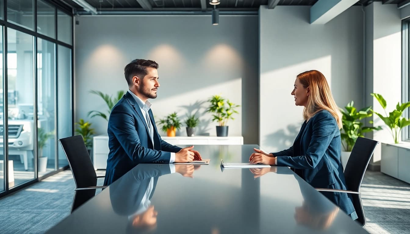 Professioneller Headhunter Leverkusen führt ein Interview mit Kandidat im eleganten Büro.