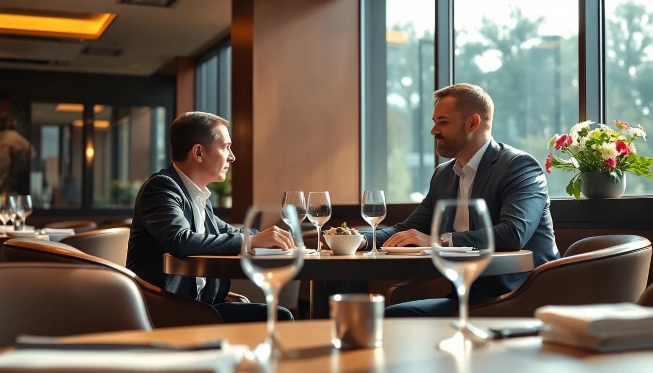 Headhunter Gastronomie im Gespräch mit Bewerber in eleganter Restaurantatmosphäre.