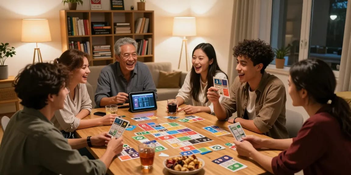 Friends enjoying a lively Quiz Allgemeinwissen night in a cozy living room.