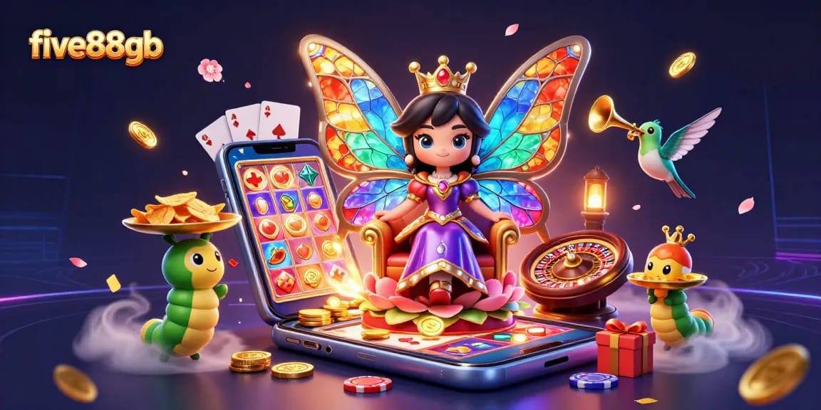 Experience lively gaming with five88gb's colorful casino scene featuring exciting games and vibrant characters.