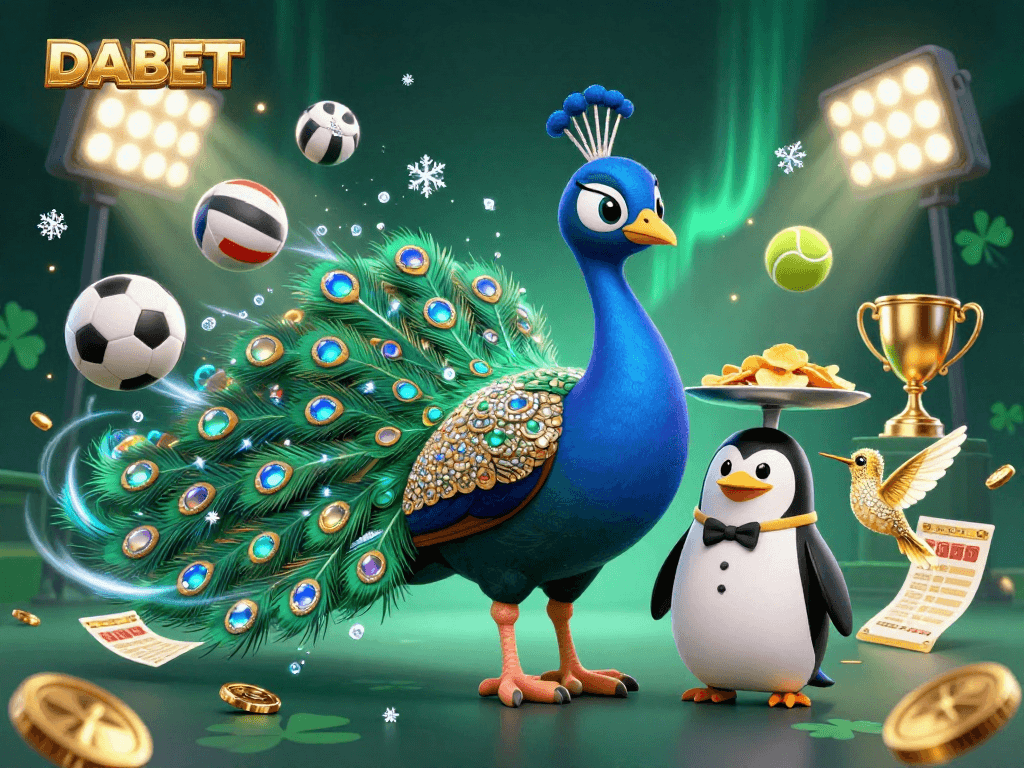 DABET showcases a peacock and penguin with vibrant sports elements in a rich dynamic scene.