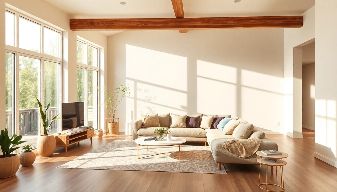Moderne Raumgestaltung in einem hellen und einladenden Wohnzimmer mit großen Fenstern.
