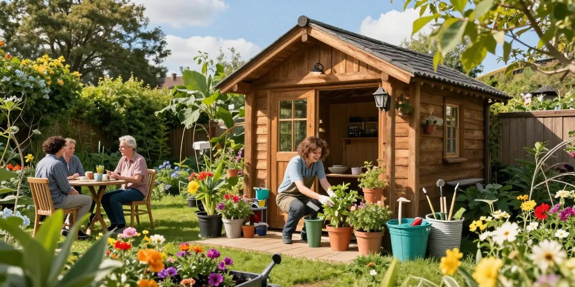 Schönes Gartenhaus in einem blühenden Garten mit fröhlicher Person, die Pflanzen arrangiert - Gartenhäuser von McGarden24
