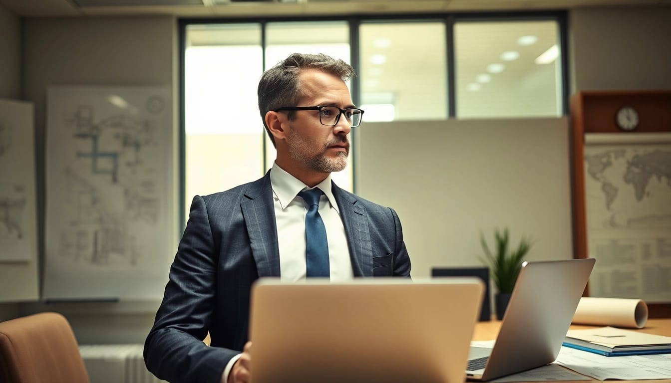 Headhunter Baubranche Beratung in einem modernen Büro mit Plänen.