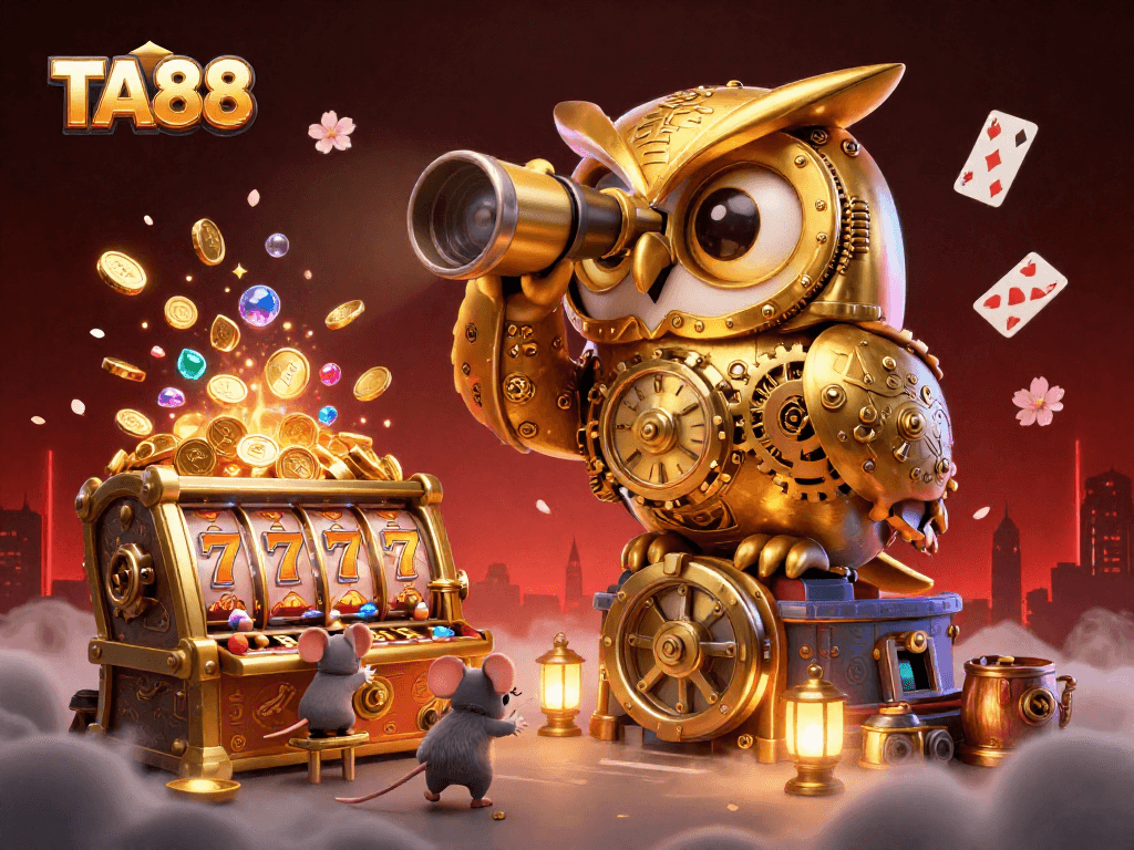 Experience the thrill of TA88 with a whimsical 3D casino scene featuring a golden owl and lively mouse patrons.