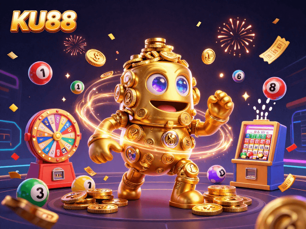 Engage with the exciting world of KU88 as golden golem spins lottery themes in a vibrant casino atmosphere.