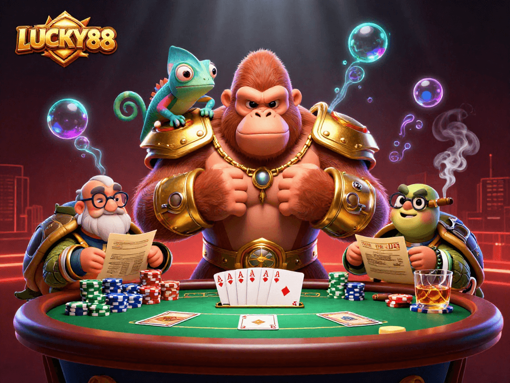 Engage in thrilling poker gameplay with LUCKY88 featuring a king gorilla and colorful casino elements.