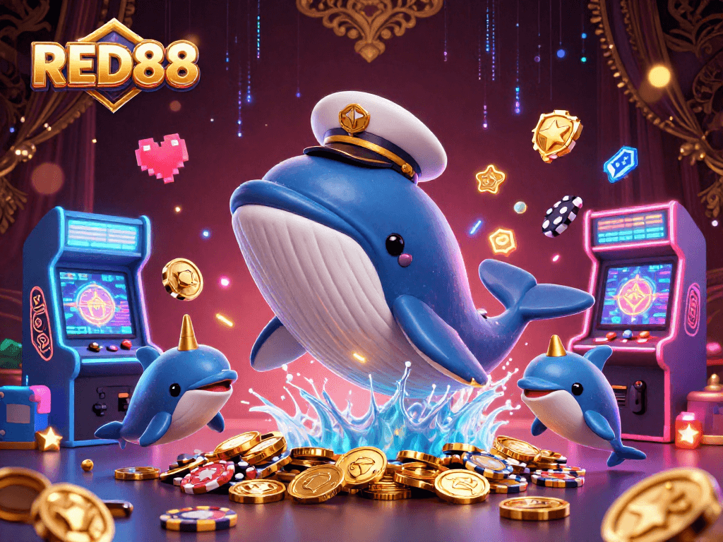 Experience high-stakes gaming with RED88's vibrant casino scene featuring playful oceanic characters and dynamic game elements.