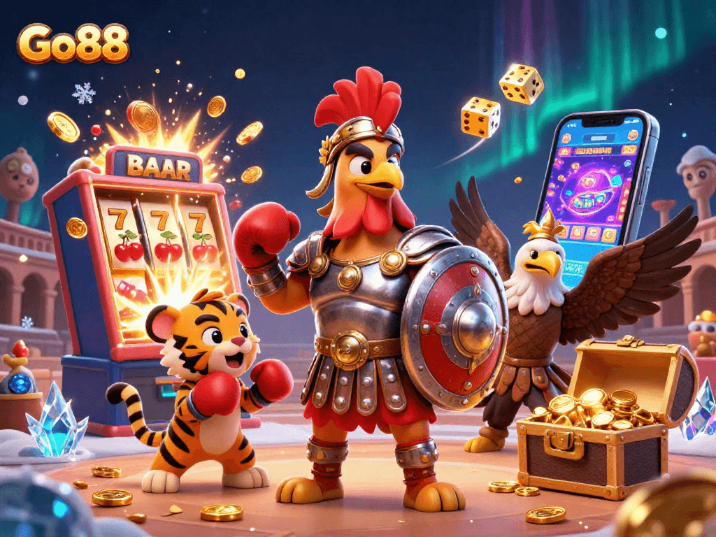 Experience the thrill of Go88 with energetic elements and characters in a vibrant casino scene.