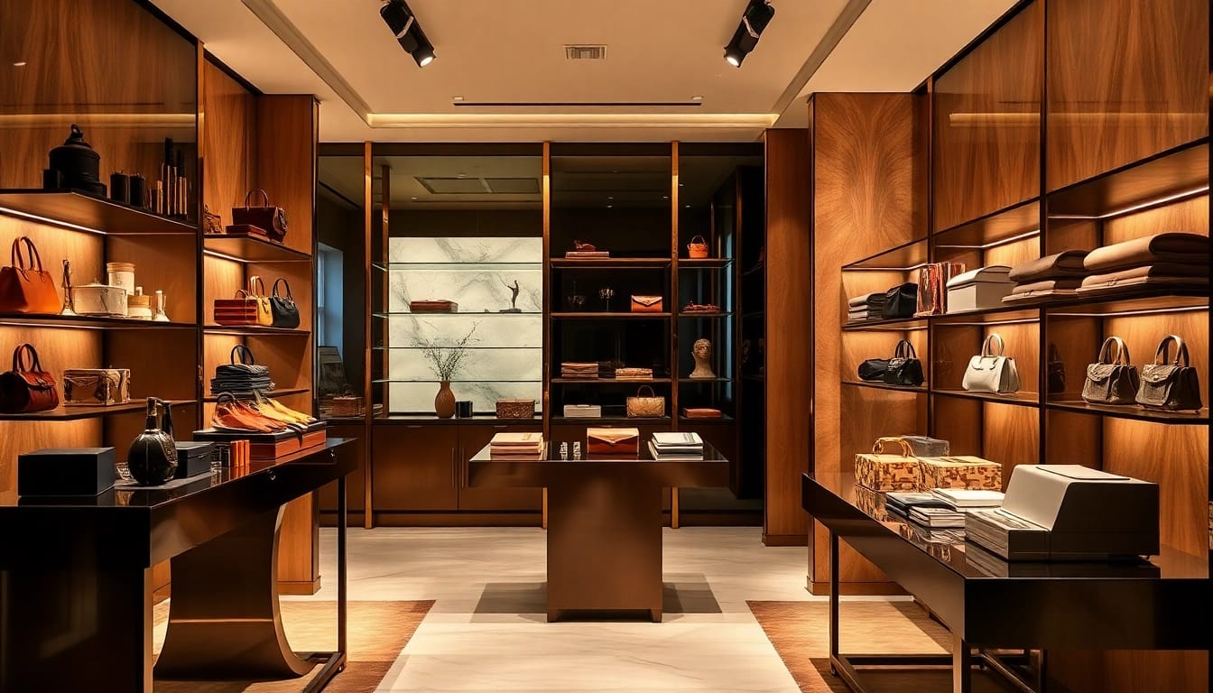 Luxury goods arranged aesthetically in a boutique, showcasing intricate designs and textures under warm lighting.