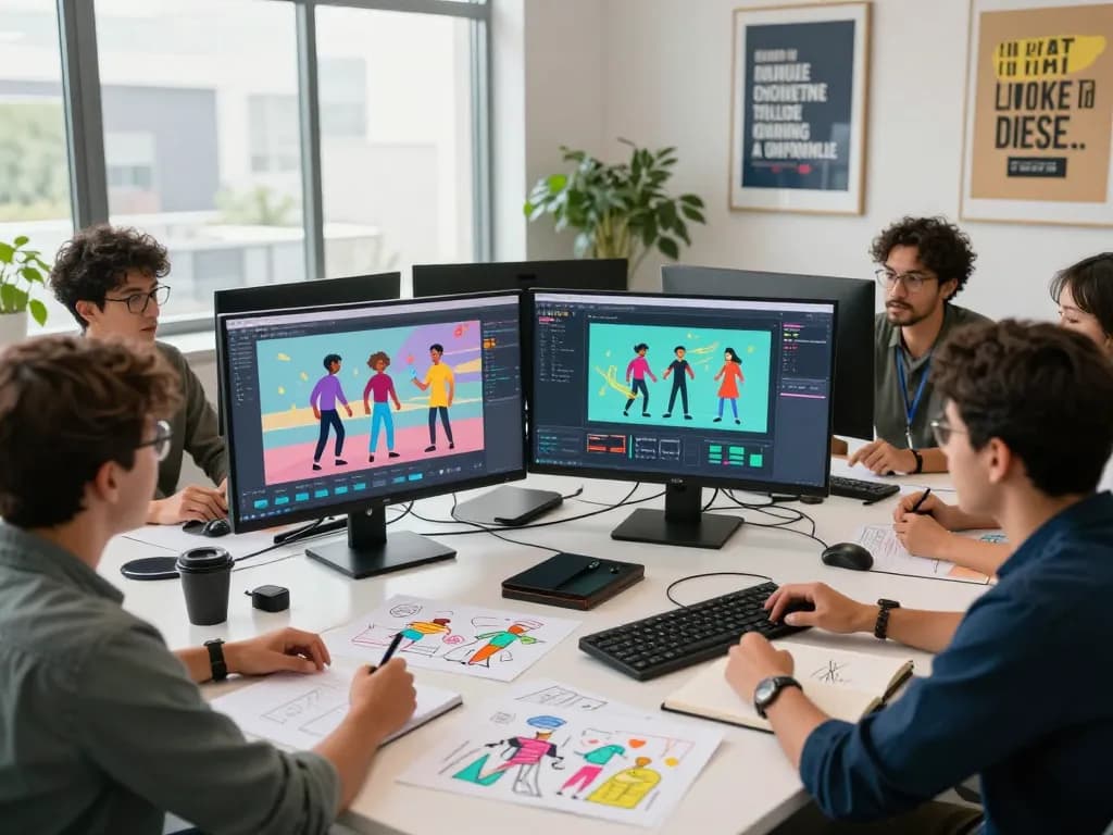 Kling 2.6 motion control displayed in a collaborative studio environment, showcasing animated character designs and vibrant graphics.