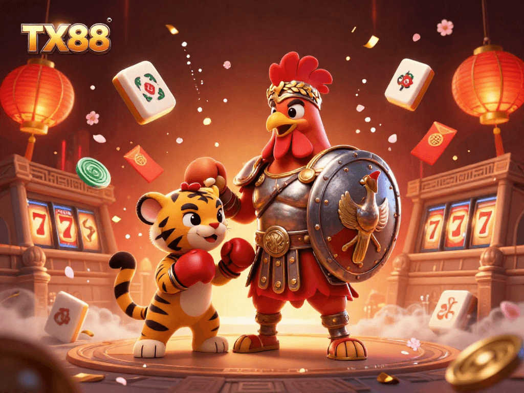 Engage with the TX88 casino experience featuring a 3D rooster gladiator and dynamic game elements.