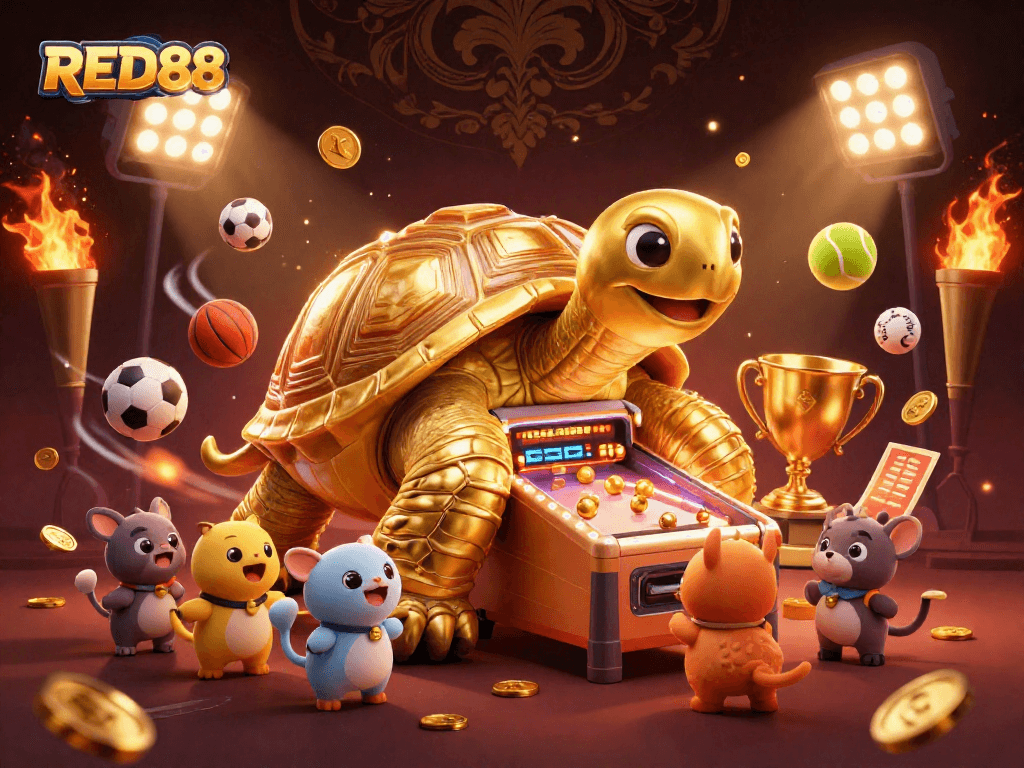 Play at RED88 with a colossal tortoise pinball machine amidst dynamic sports elements.
