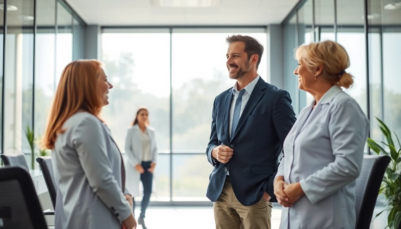 Headhunter Pflegekräfte im Gespräch mit erfahrenen Pflegekräften in einem modernen Büro-Setting.