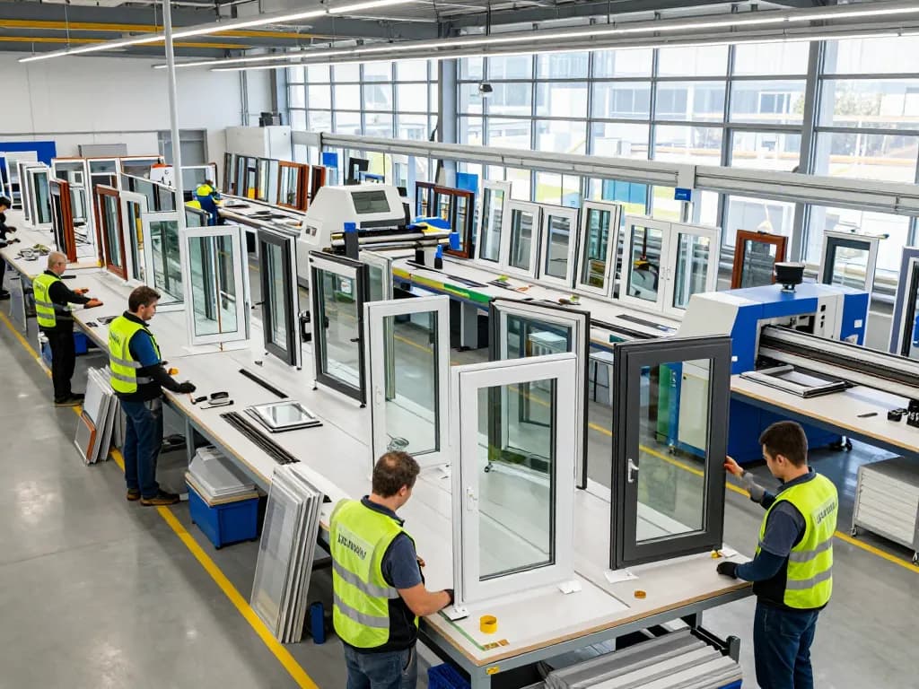 Fachkräfte in einem Fensterbau-Betrieb, die energieeffiziente Fenster mit fortschrittlicher Technologie montieren.
