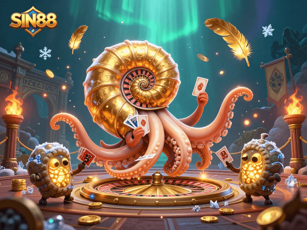 SIN88 showcases a vibrant 3D nautilus roulette wheel surrounded by glowing ammonite companions and casino elements.