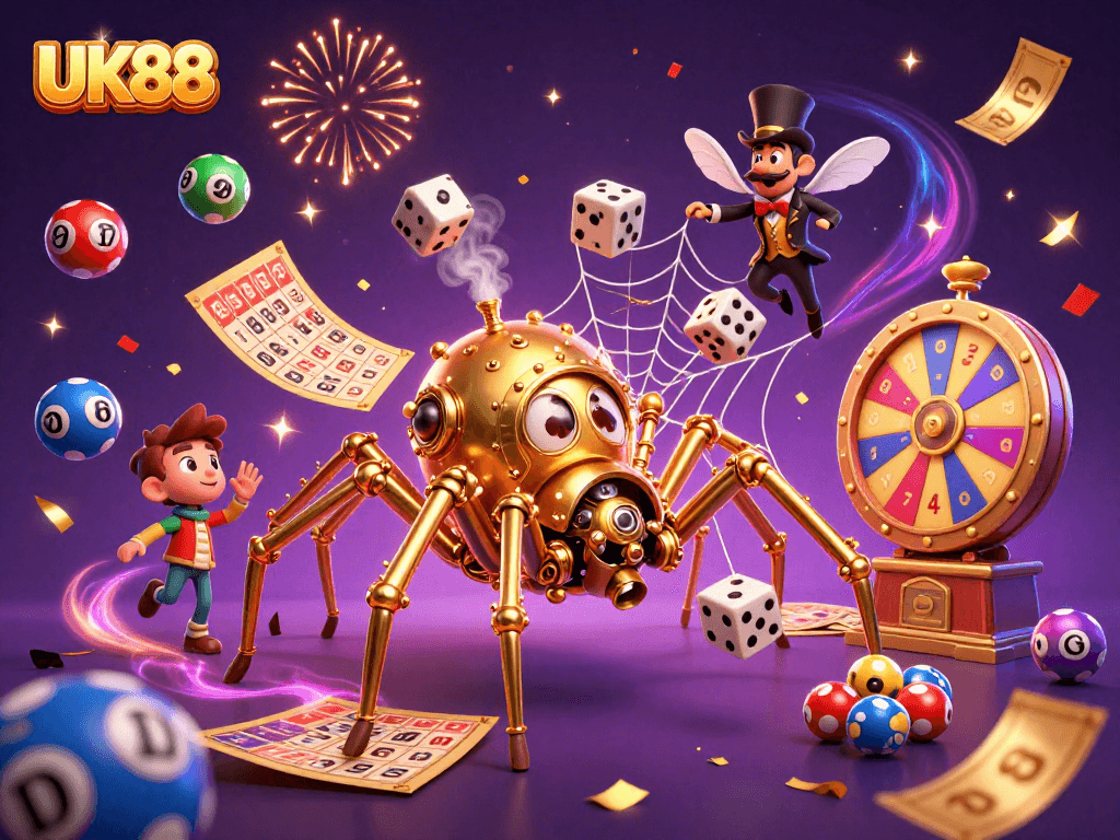 Catch the excitement of UK88 with a steampunk spider and colorful gambling elements.