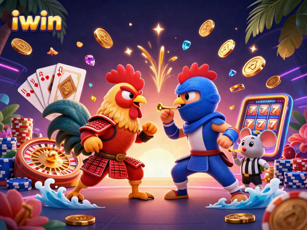 Engage with iwin's thrilling casino atmosphere featuring dynamic roosters, coins, and games.