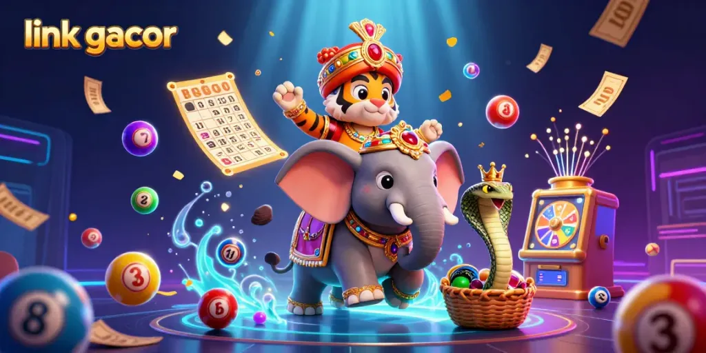 Experience the thrill of slot gaming with link gacor, featuring a vibrant 3D illustration of a maharaja and elephant surrounded by colorful game elements.