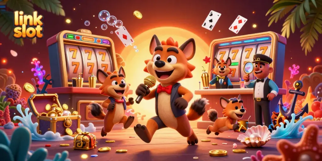 Experience excitement with link slot at this vibrant 3D casino scene featuring hyenas and dynamic game elements.