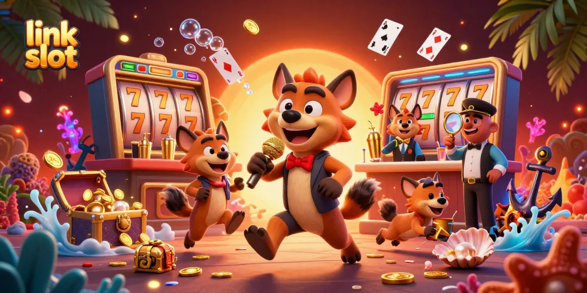 Experience excitement with link slot at this vibrant 3D casino scene featuring hyenas and dynamic game elements.