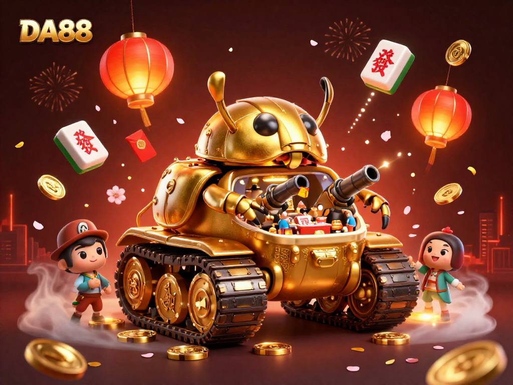 Experience the excitement of DA88 in this vibrant 3D casino scene with golden beetle tank.