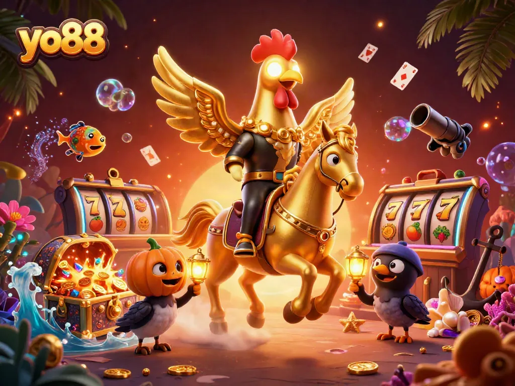 Experience the excitement of yo88 with a vibrant midnight casino scene featuring a golden rooster and casino elements.