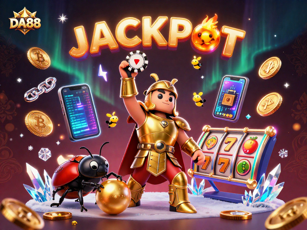 DA88 casino scene featuring a victorious beetle character lifting a poker chip amidst vibrant slot game elements.